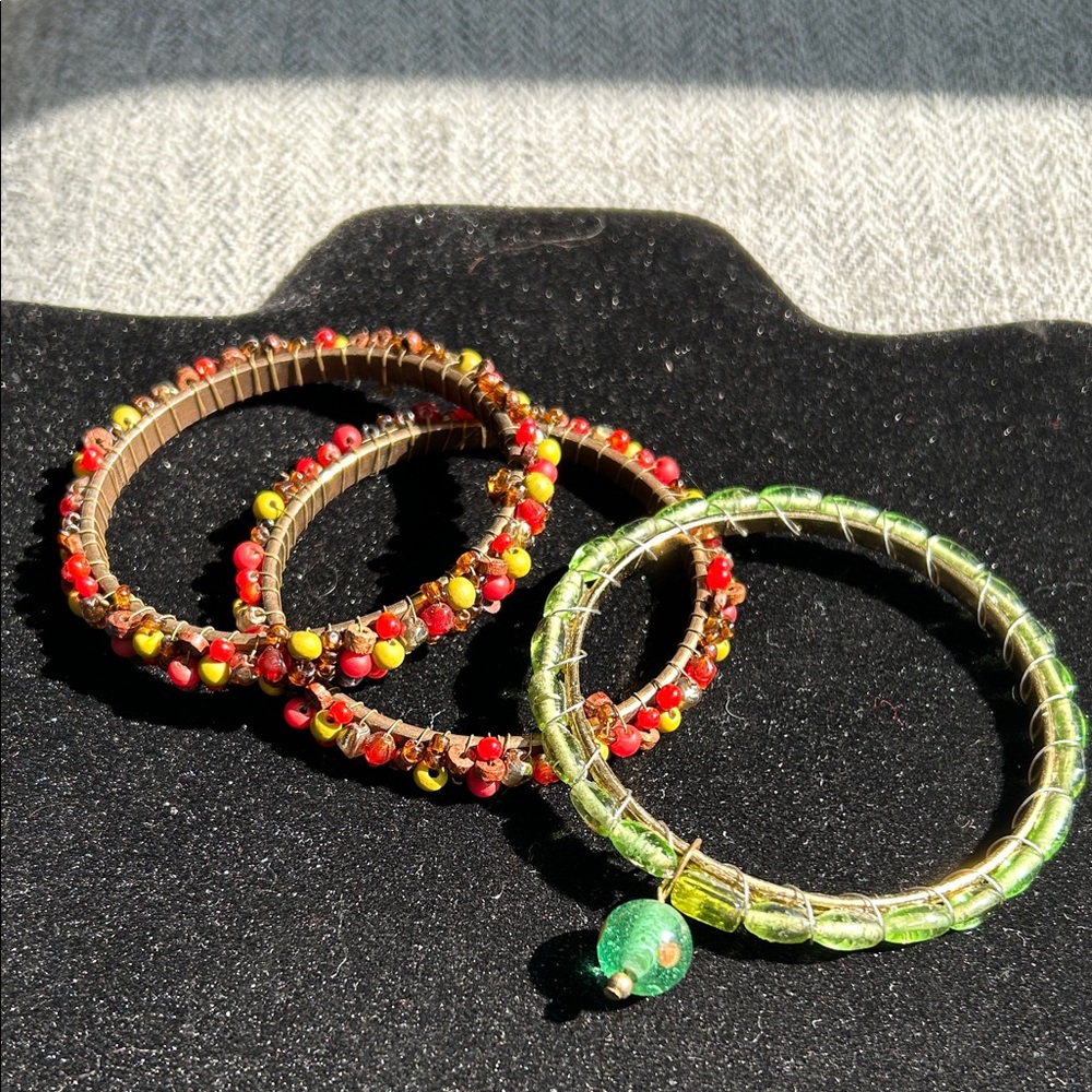 Beaded brass Bangle Set handcrafted boho hippie retro three bracelets